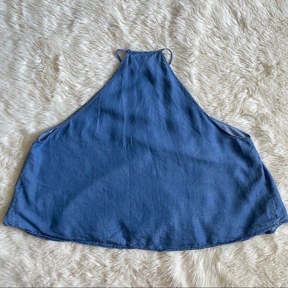 Zara Tank Top Premium Denim Collection Chambray Halter Cropped Flowy Blue S - Picture 4 of 8